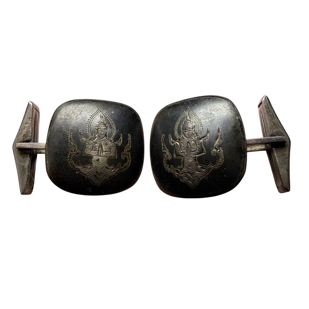 Vintage Sterling Silver Siam Niello Cufflinks Goddess Mekkala Thailand Square